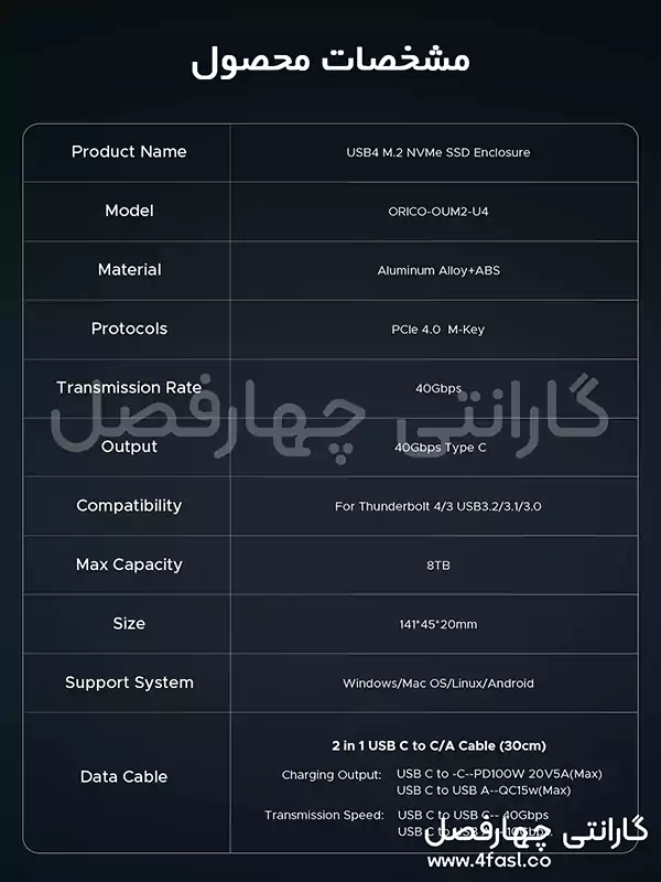 مشخصات محصول باکس M.2 NVMe USB4.0 مدل OUM2-U4 اوریکو