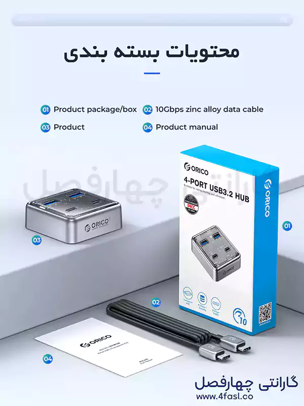 محتویات بسته بندی هاب USB 3.2 با 4 پورت اوریکو مدل XHJ2U2C-G2