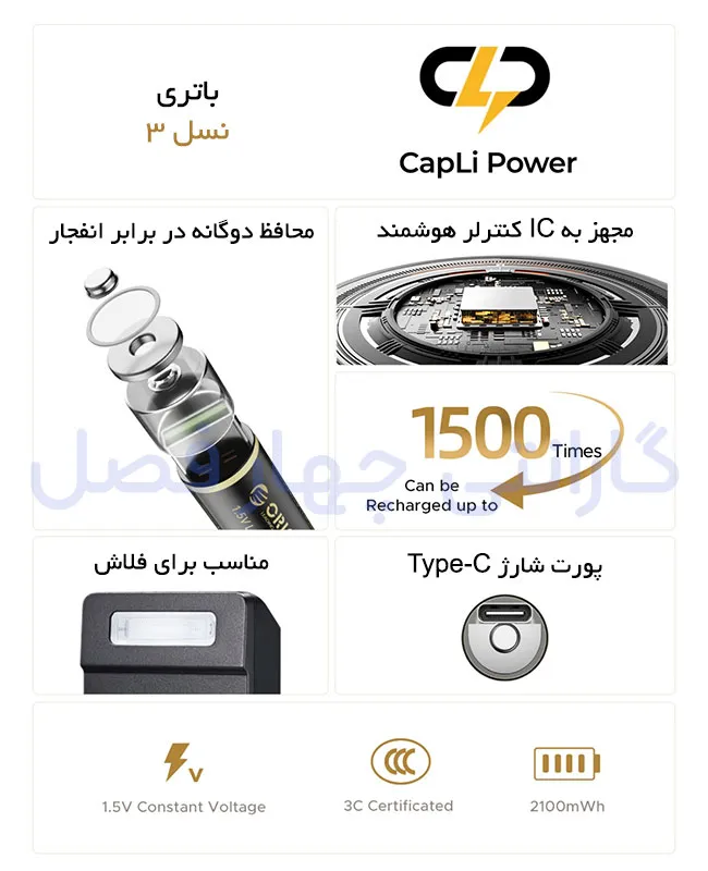 ویژگی‌های باتری قابل شارژ Type-C قلمی اوریکو مدل EG5C-UN-PK-BP