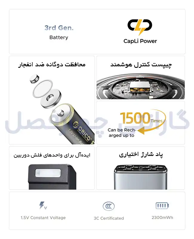ویژگی‌های باتری لیتیوم قلمی شارژی 1.5 ولت اوریکو مدل EG5‑UN‑4PK‑EP