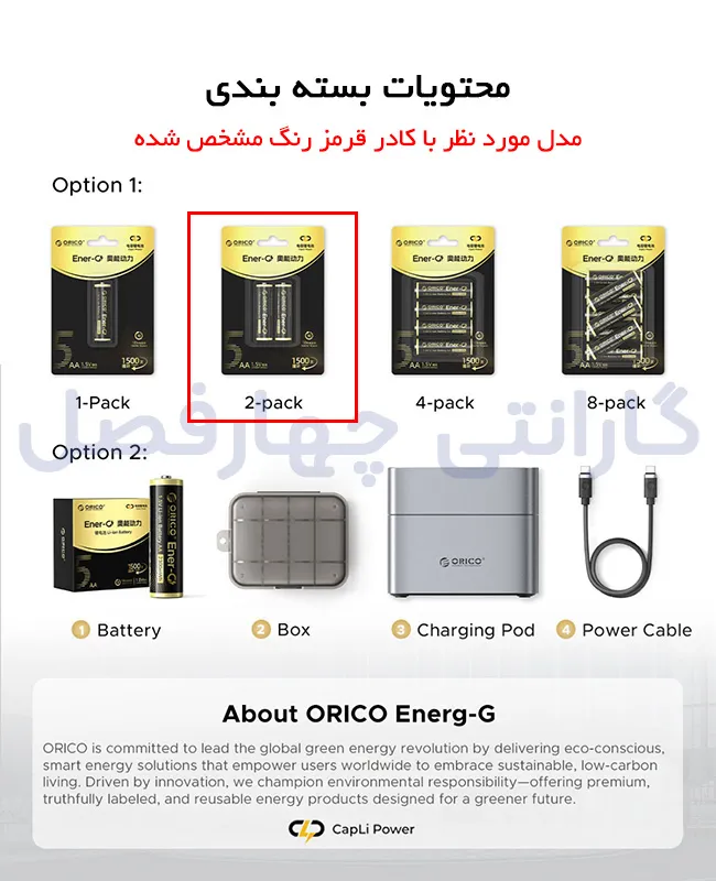 محتویات بسته بندی باتری لیتیومی شارژی اوریکو مدل EG5-UN-2PK-BP