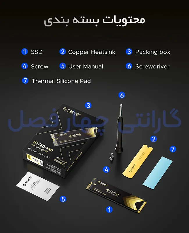 محتویات بسته بندی SSD اینترنال اوریکو مدل IG740PRO-1TB